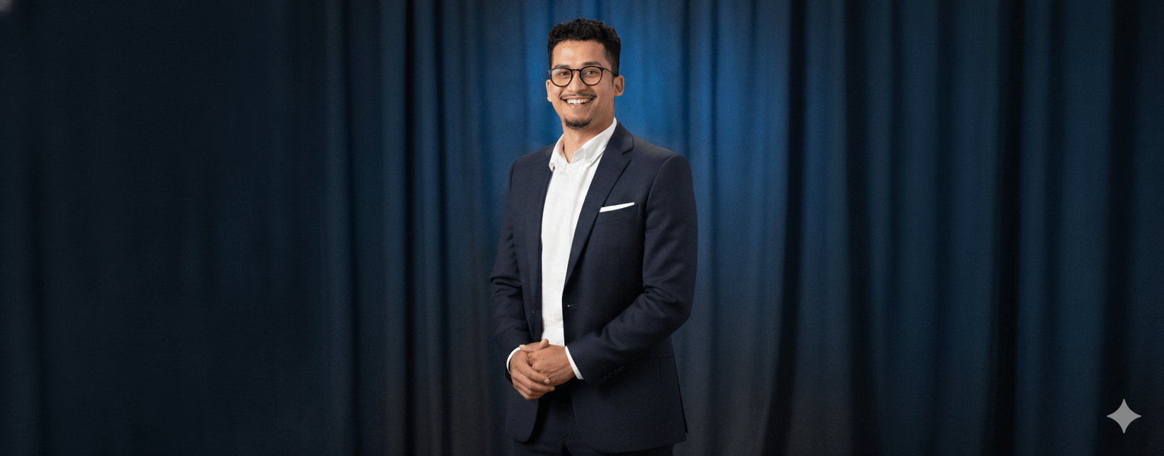 A professional photograph of Ali Akbar Hasani in a navy suit jacket with a white shirt